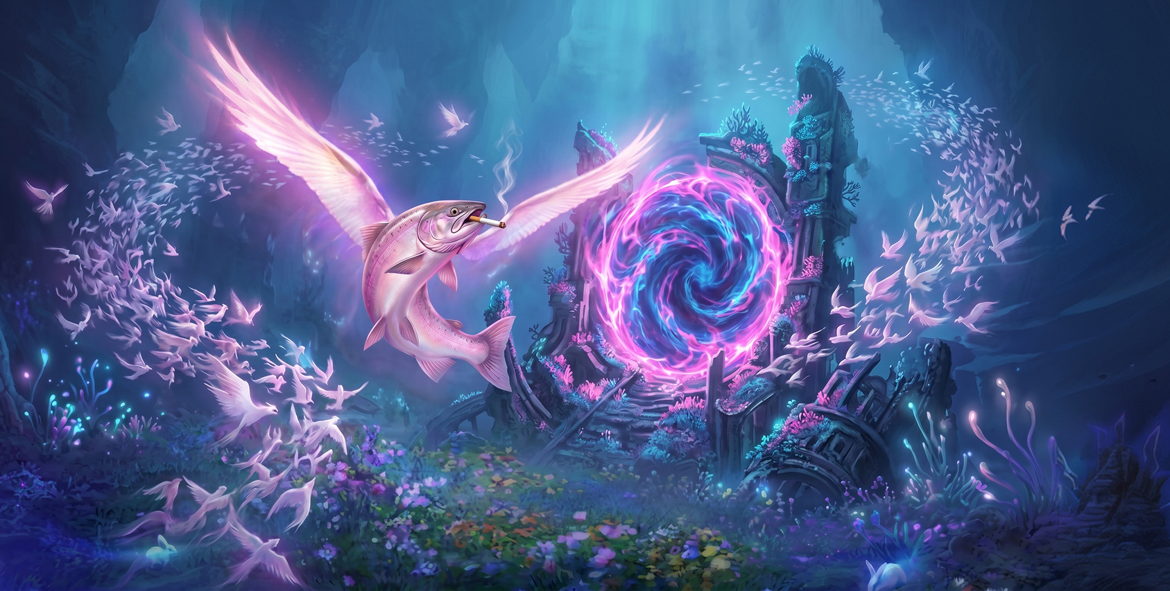 Swimming Smoking Salmon - A winged salmon with a cigarette in a magical underwater world